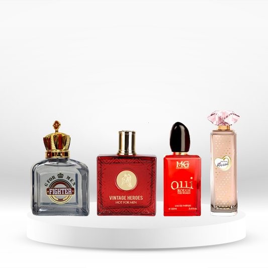 Set 4 Parfumuri (2 x Dama + 2 x Barbati) 100ML - Fighter + Vintage Heroes Hot + Oui Rouge + Sweetheart Kissed